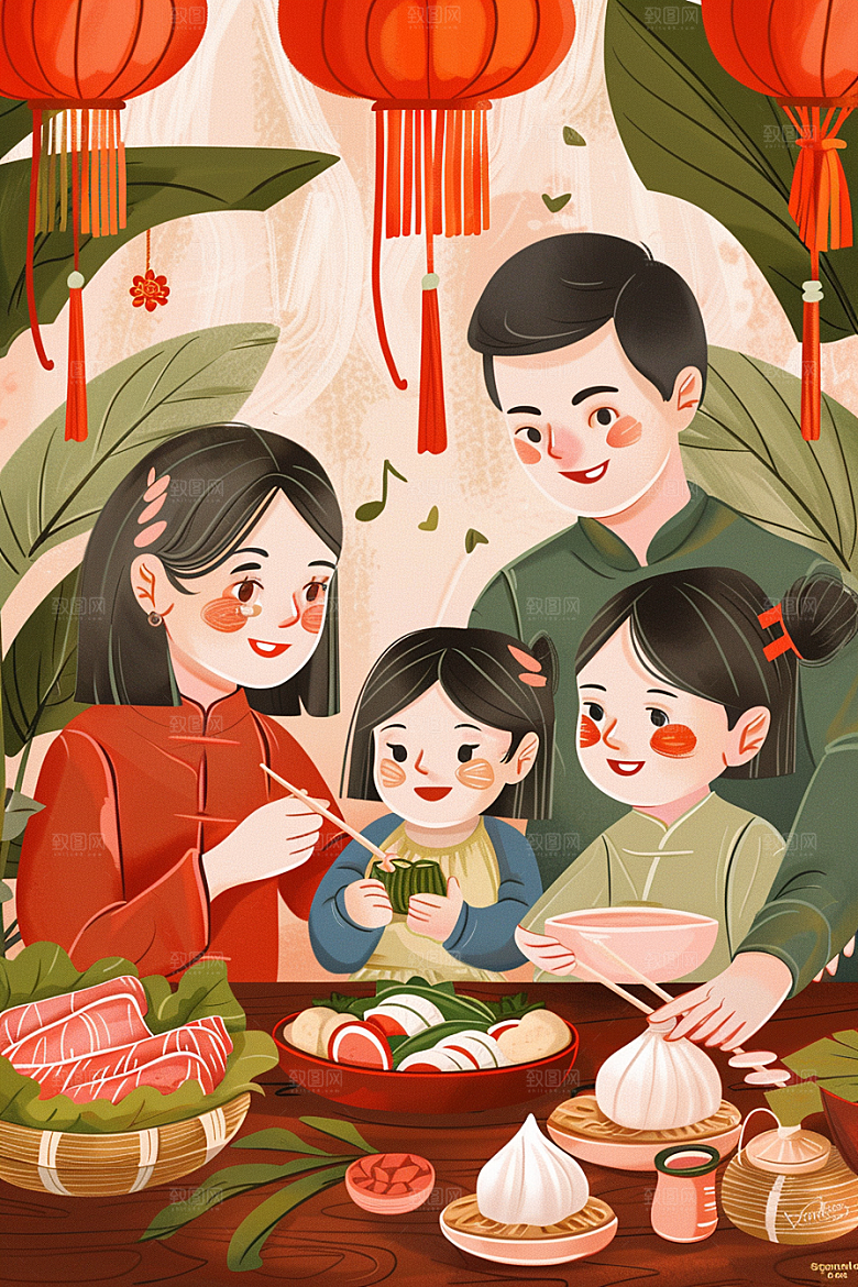 端午包粽子节日氛围温馨插画