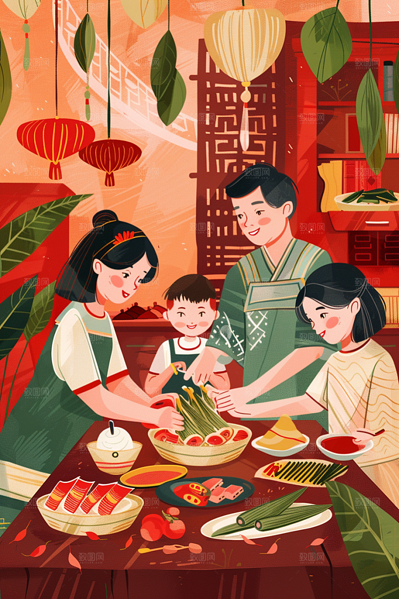 端午包粽子温馨手绘插画