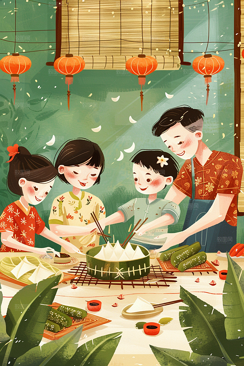 端午包粽子端午节习俗插画