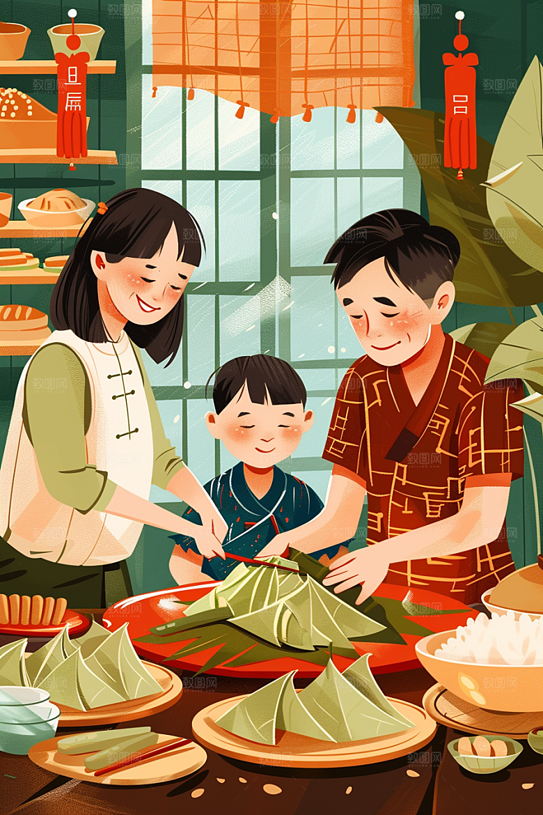 端午包粽子节日传统文化插画