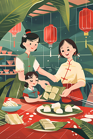 端午包粽子粽叶传统文化插画