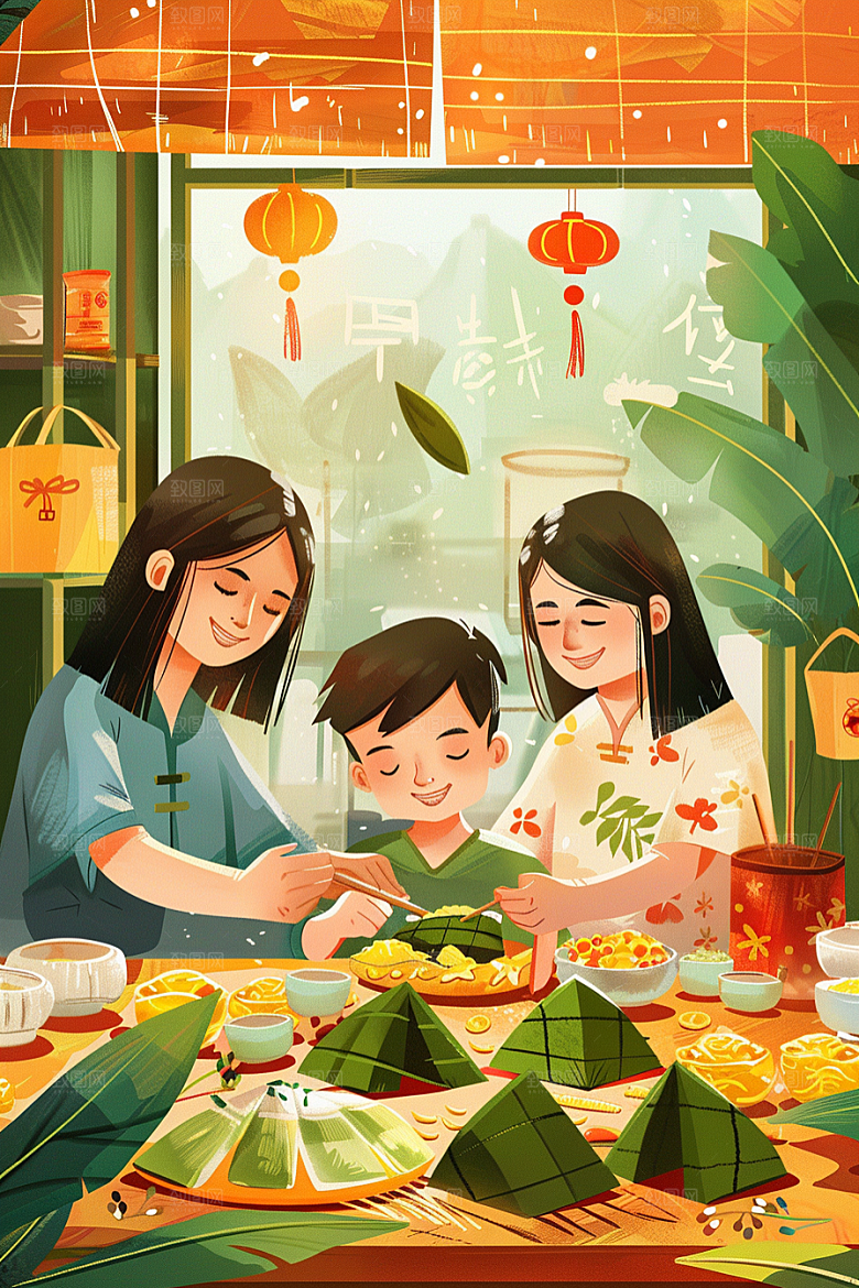 端午包粽子节日氛围习俗插画