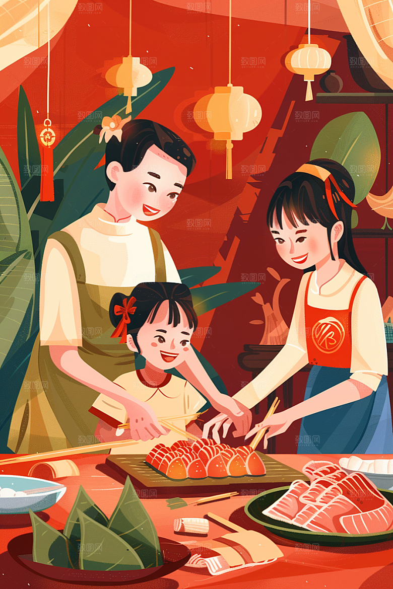 端午包粽子传统文化习俗插画