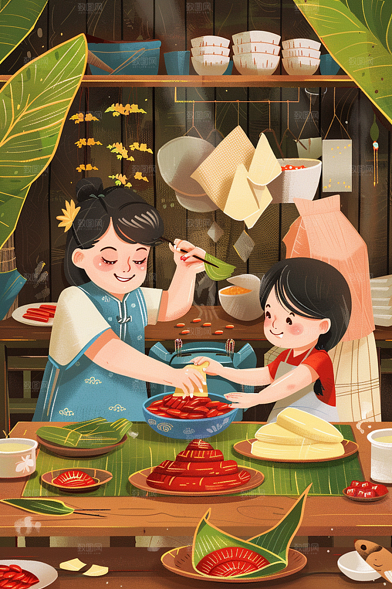 端午包粽子传统文化小吃插画