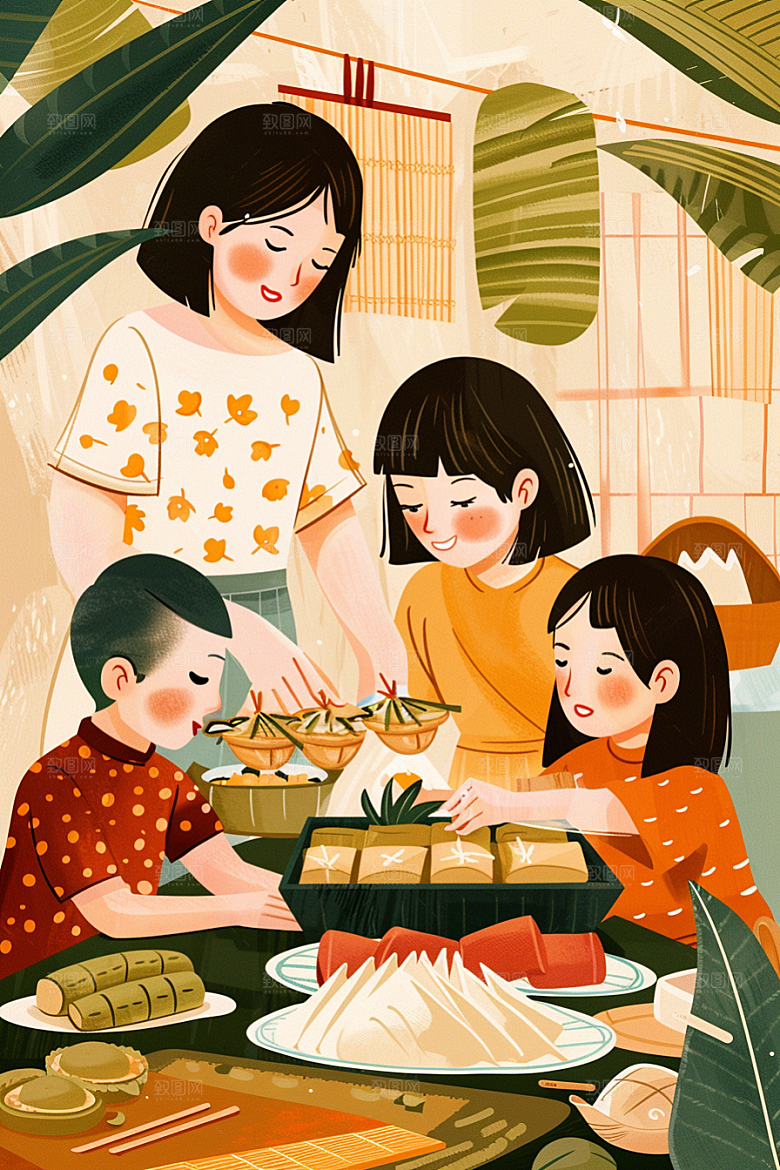 端午包粽子美食粽叶插画