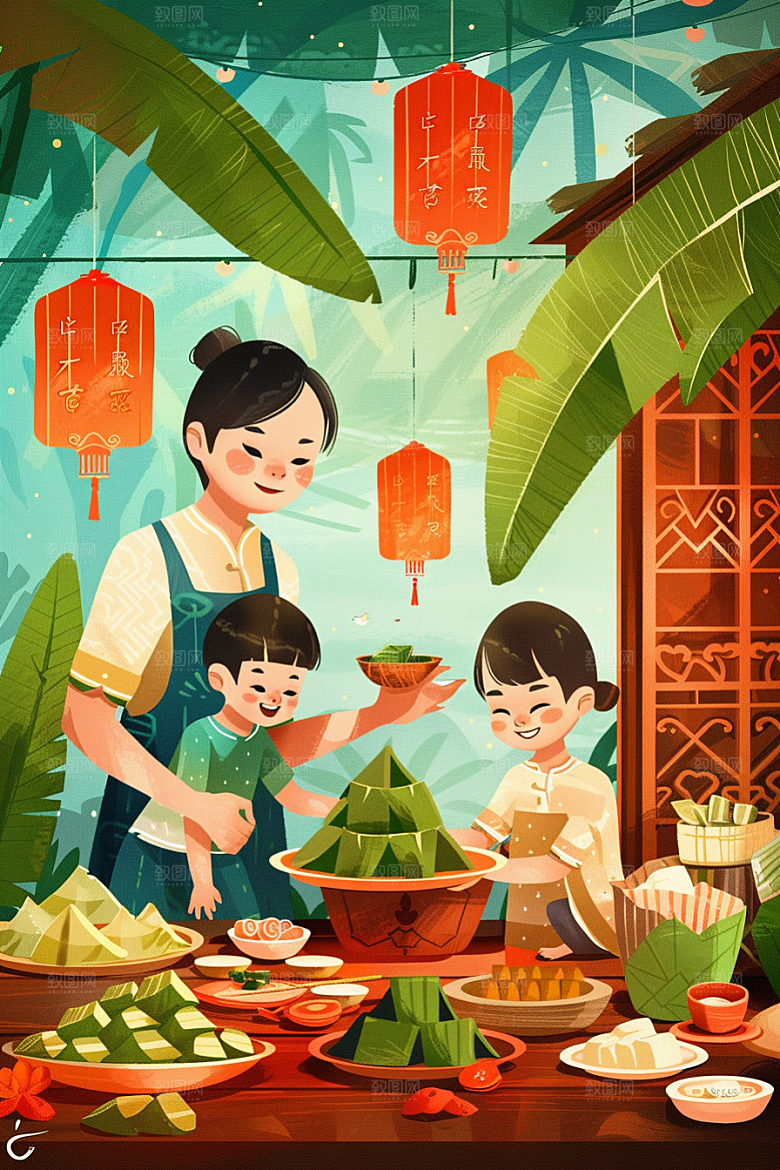 端午包粽子美食小吃插画