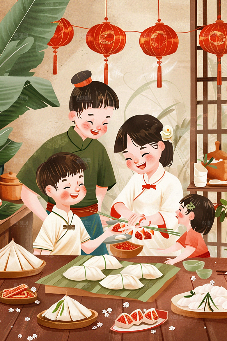 端午包粽子节日氛围阖家团聚插画