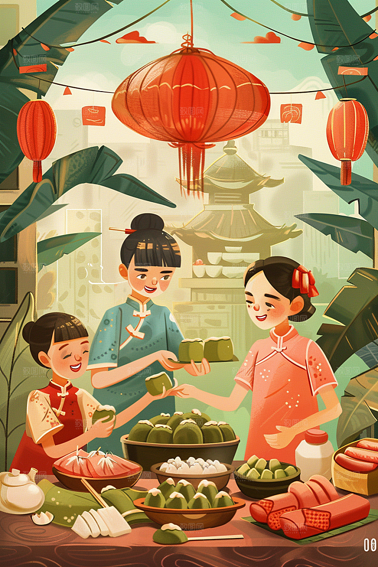 端午包粽子幸福习俗插画