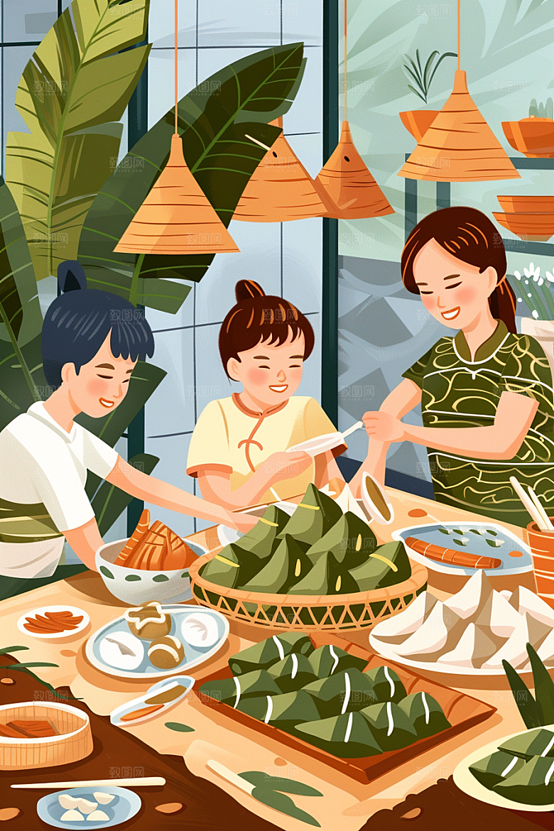 端午包粽子阖家团聚习俗插画