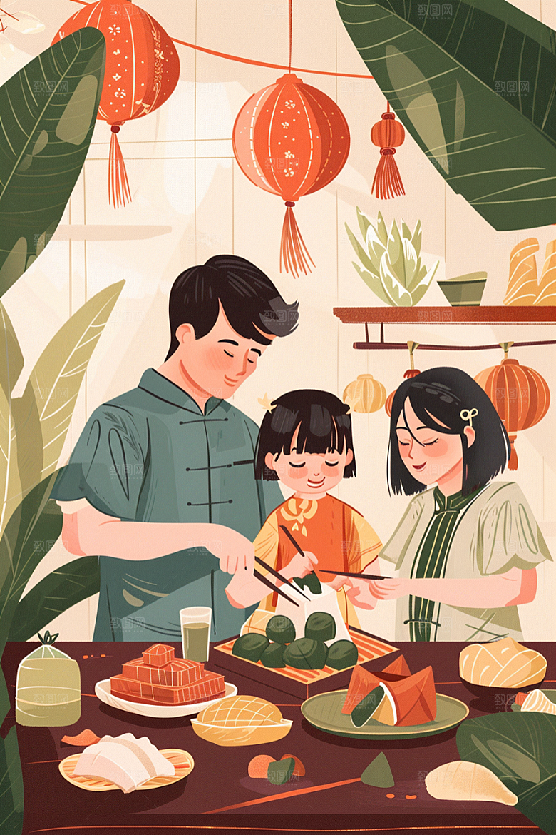 端午包粽子糯米美食插画