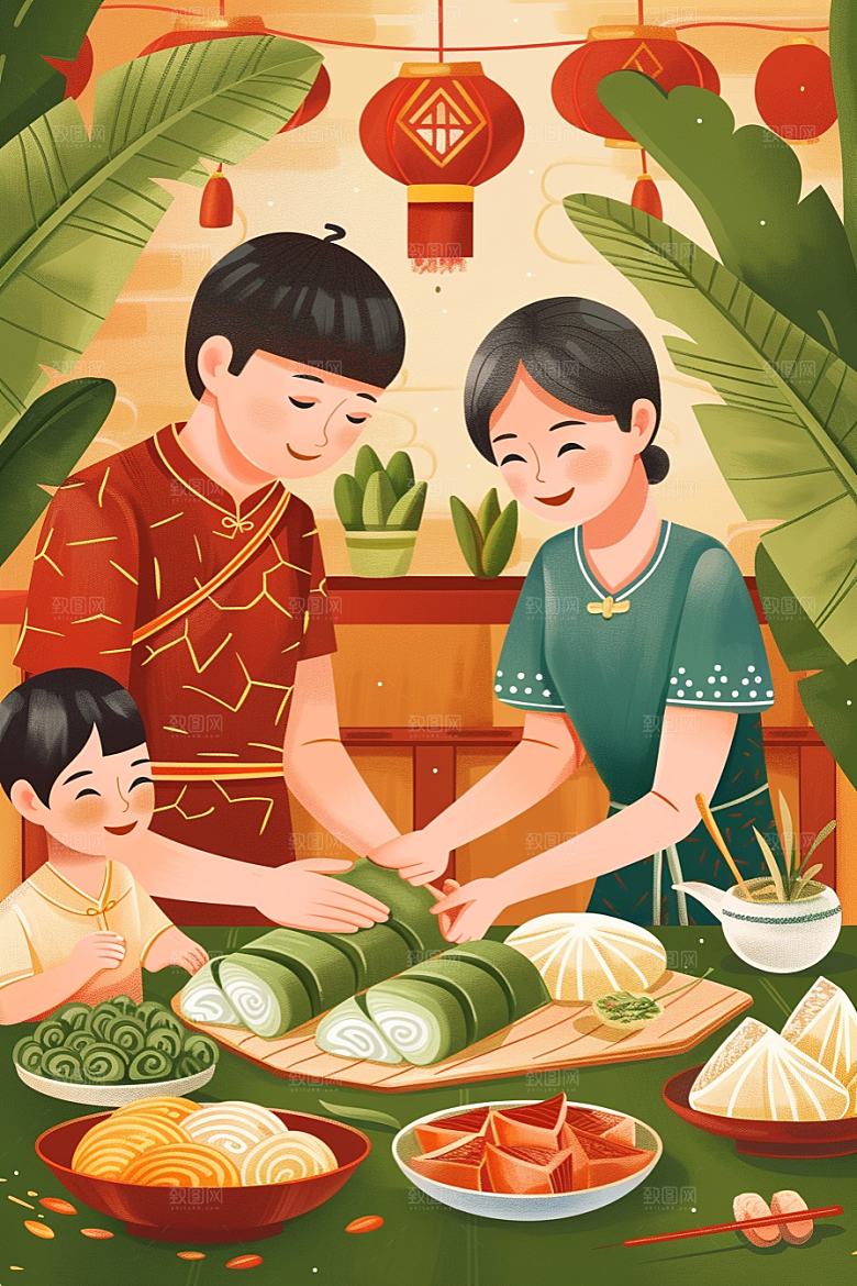 端午包粽子幸福传统文化插画