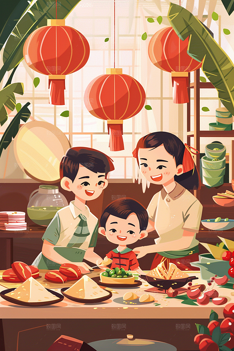 端午包粽子节日氛围阖家团聚插画