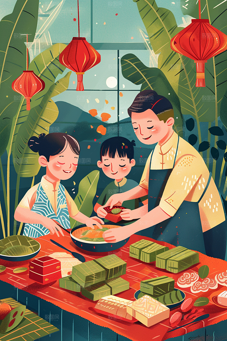 端午包粽子高清手绘插画