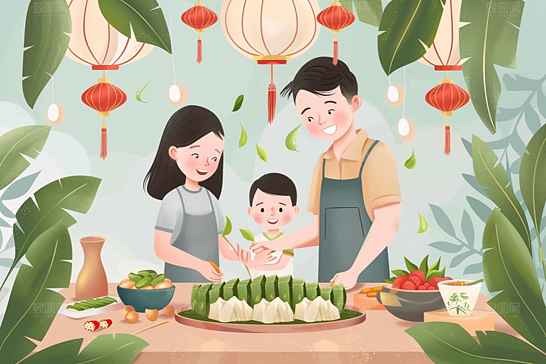 端午包粽子小吃美食插画
