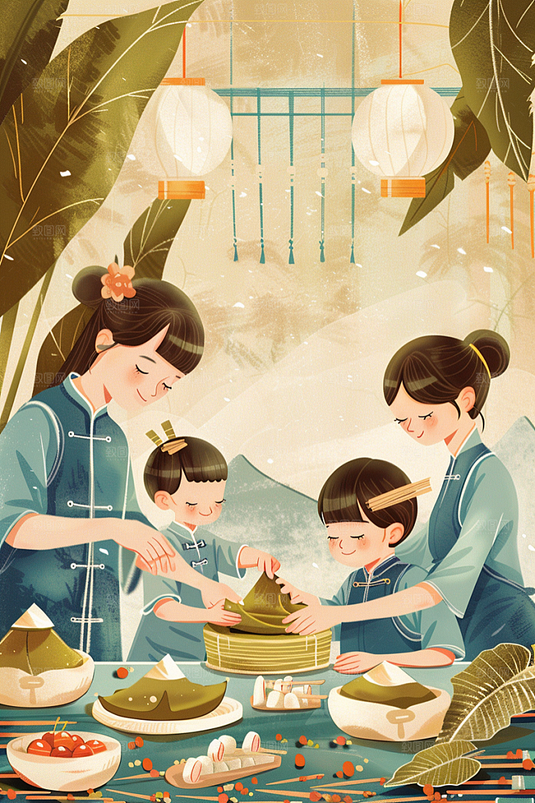 端午包粽子幸福习俗插画