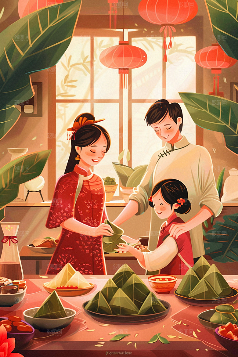 端午包粽子糯米小吃插画