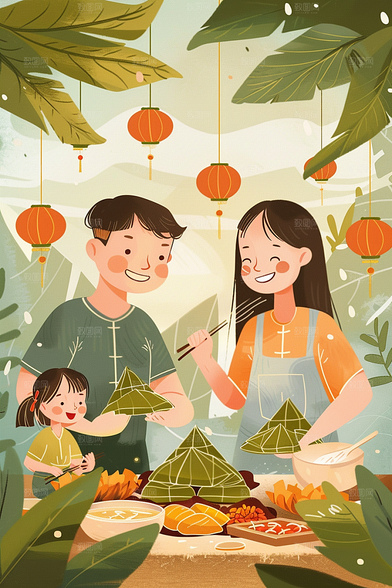端午包粽子手绘温馨插画