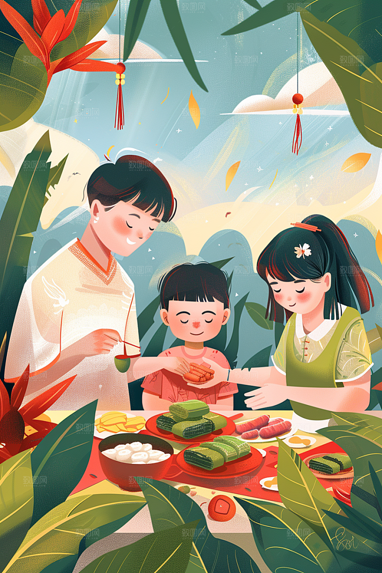 端午包粽子阖家团聚粽叶插画