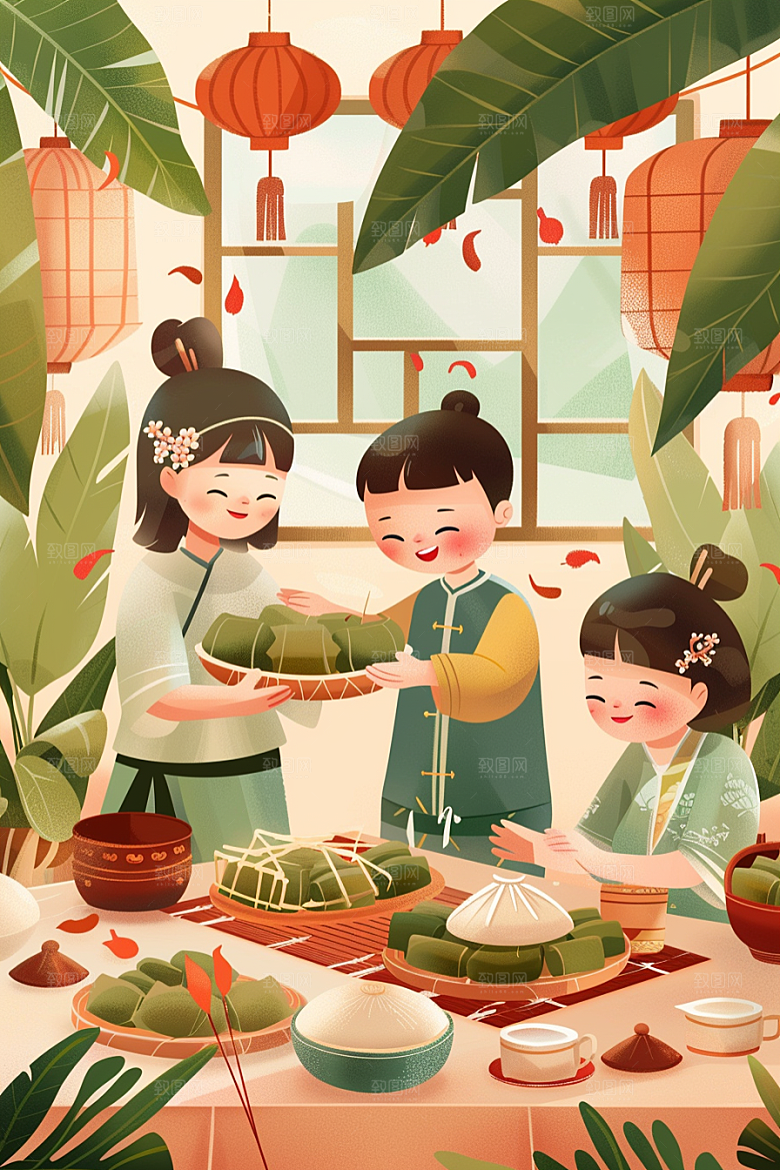 端午包粽子手绘粽叶插画