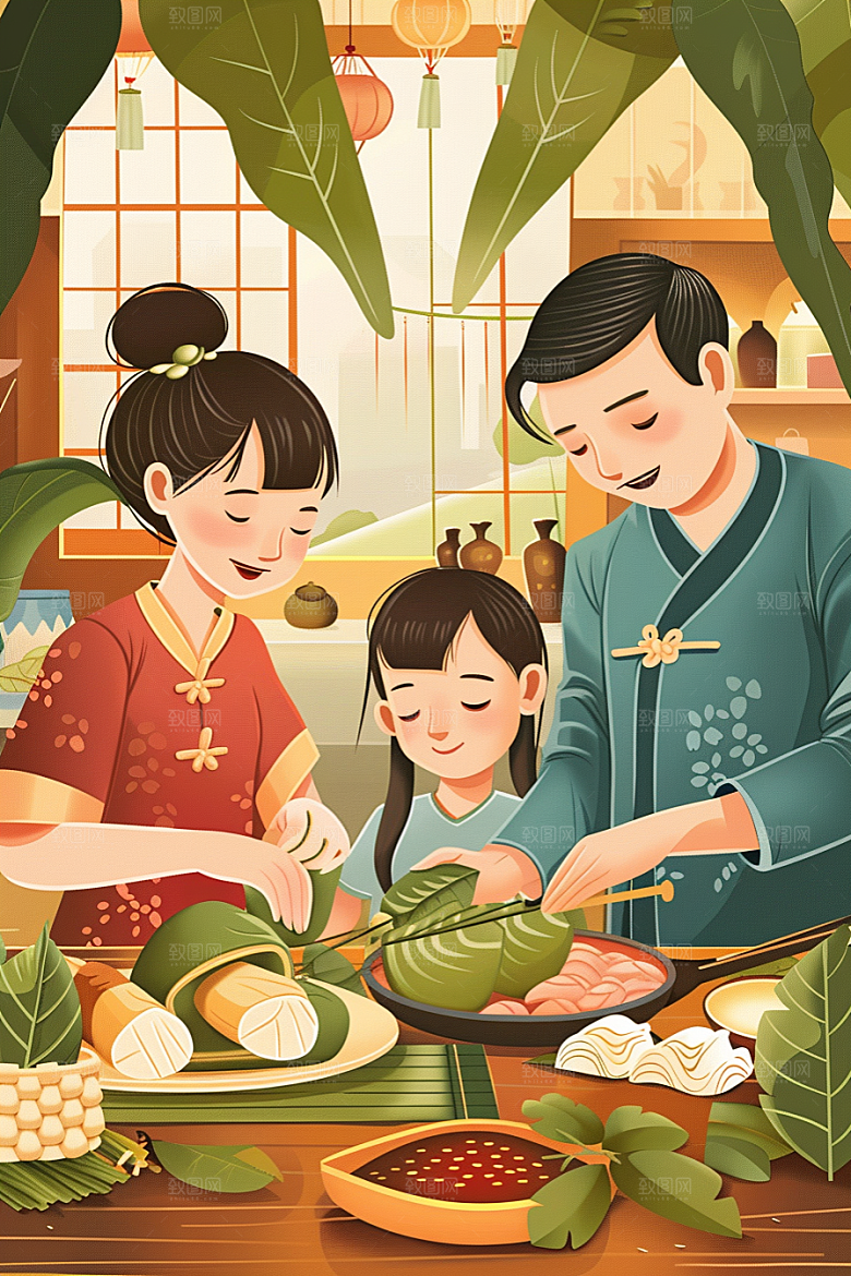 端午包粽子粽叶习俗插画