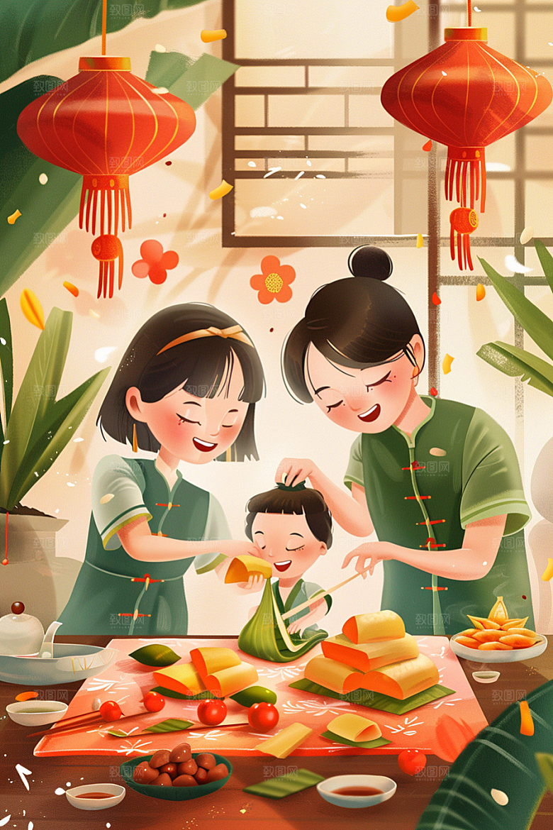 端午包粽子高清手绘插画