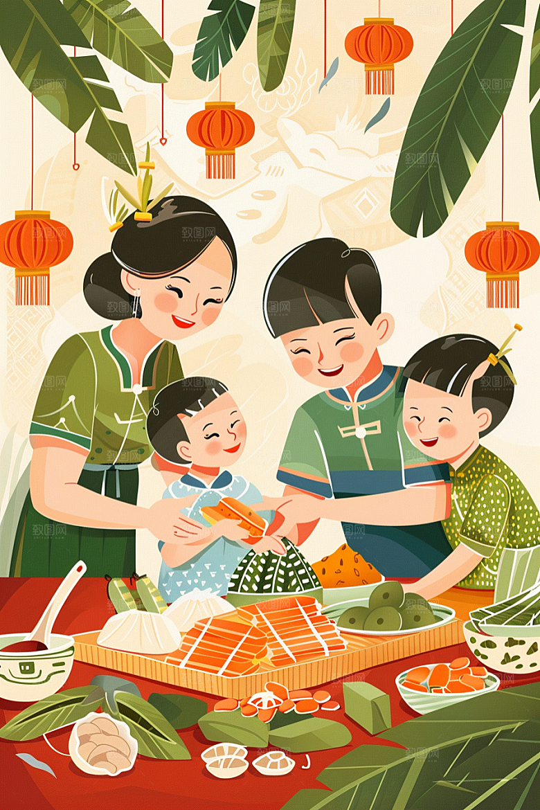 端午包粽子手绘温馨插画