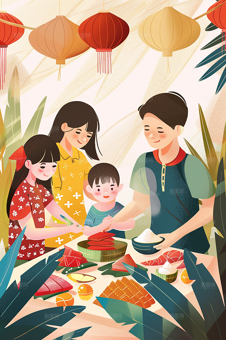 端午包粽子传统文化习俗插画