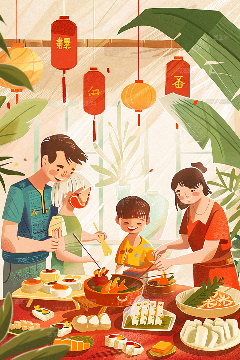端午包粽子手绘糯米插画