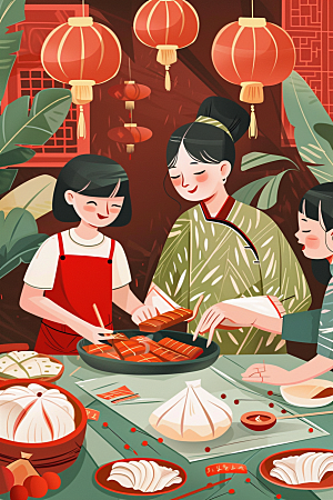 端午包粽子粽叶温馨插画