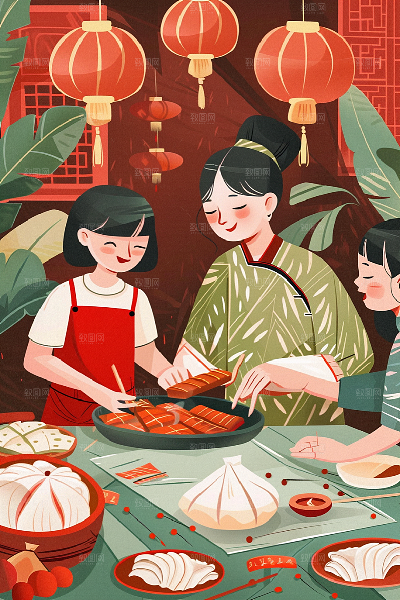 端午包粽子粽叶温馨插画
