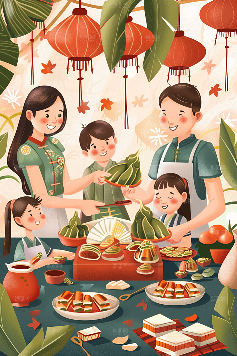 端午包粽子节日氛围美味插画