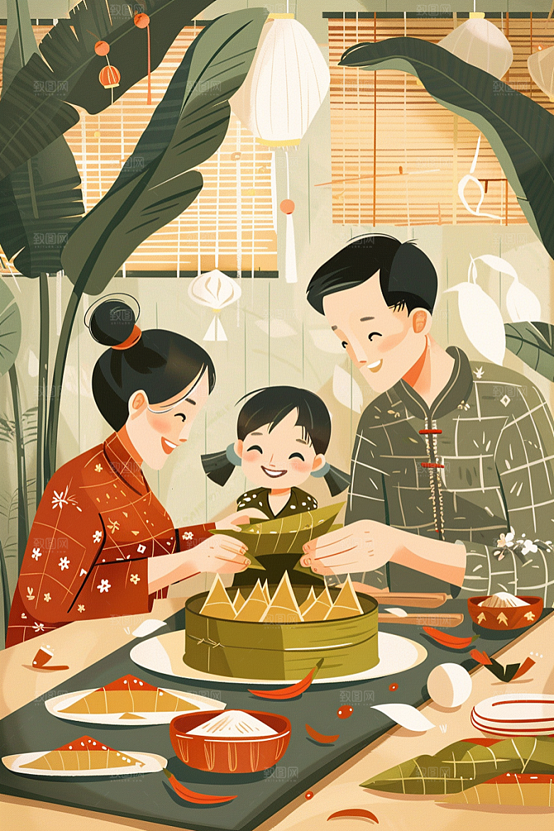 端午包粽子习俗端午节插画