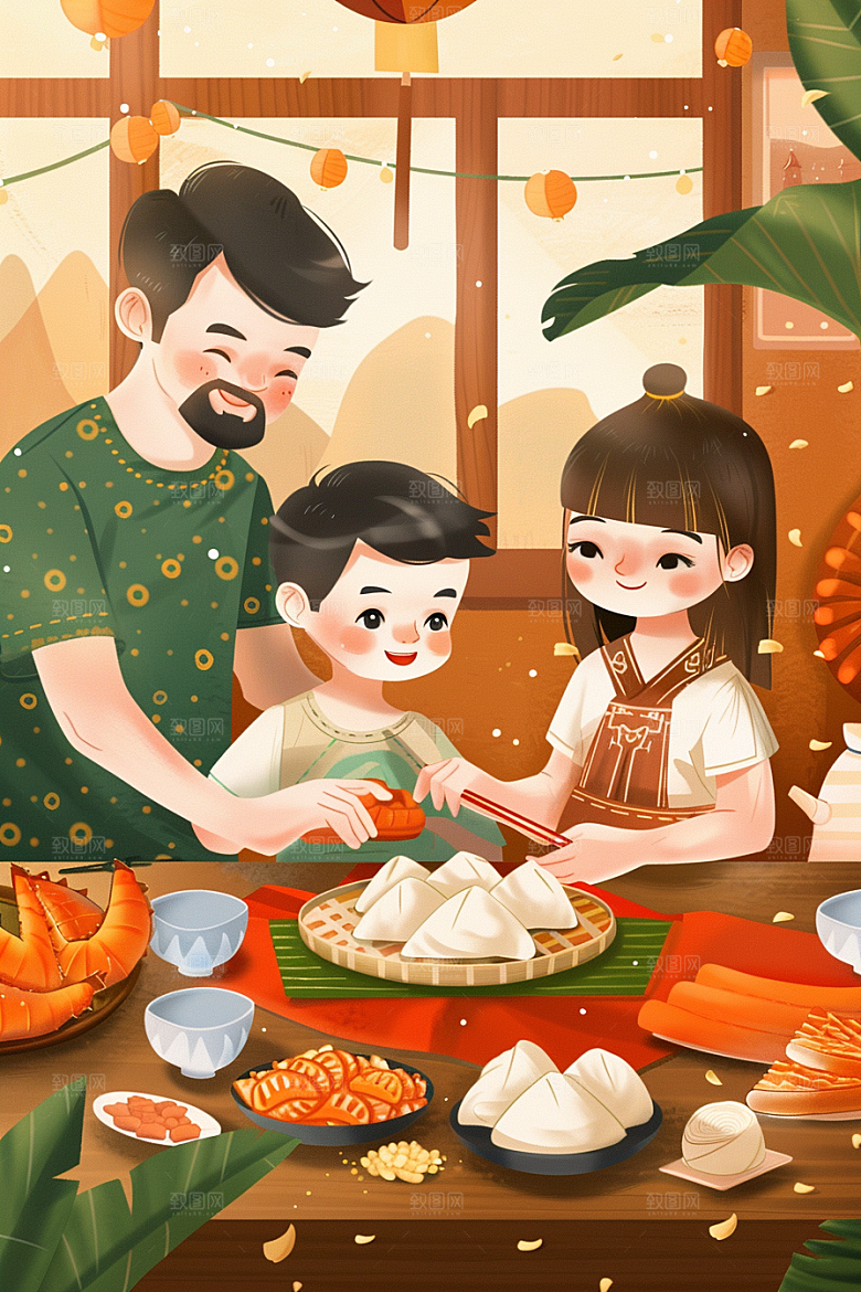 端午包粽子阖家团聚美味插画