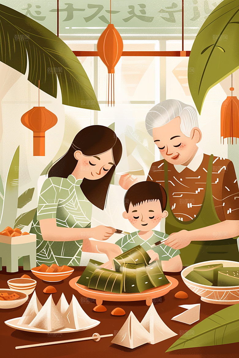 端午包粽子端午节节日氛围插画