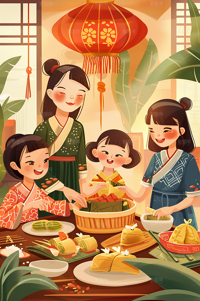 端午包粽子节日氛围幸福插画