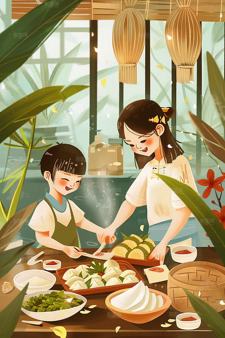端午包粽子传统文化阖家团聚插画