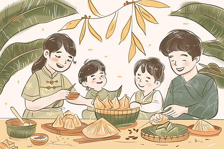 端午包粽子手绘糯米插画