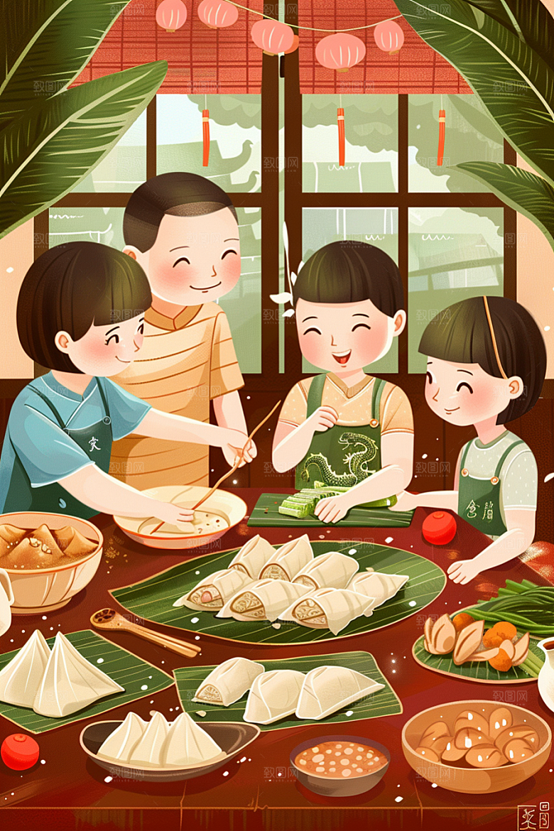 端午包粽子幸福美食插画