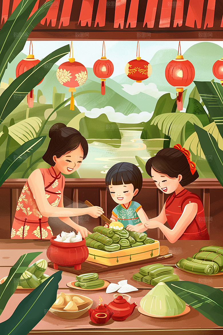 端午包粽子端午节节日插画