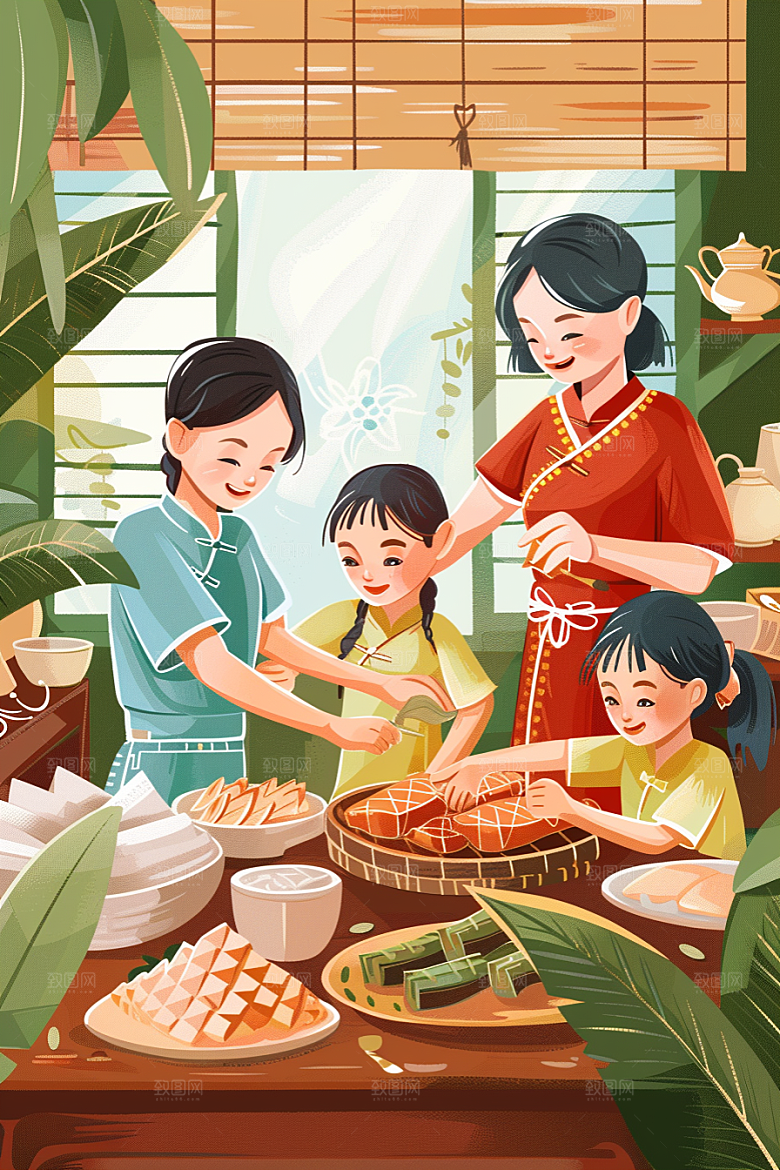 端午包粽子小吃习俗插画