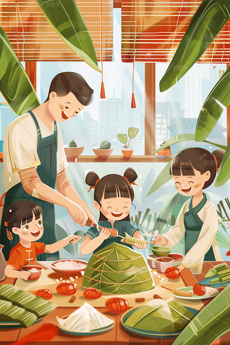 端午包粽子粽叶糯米插画