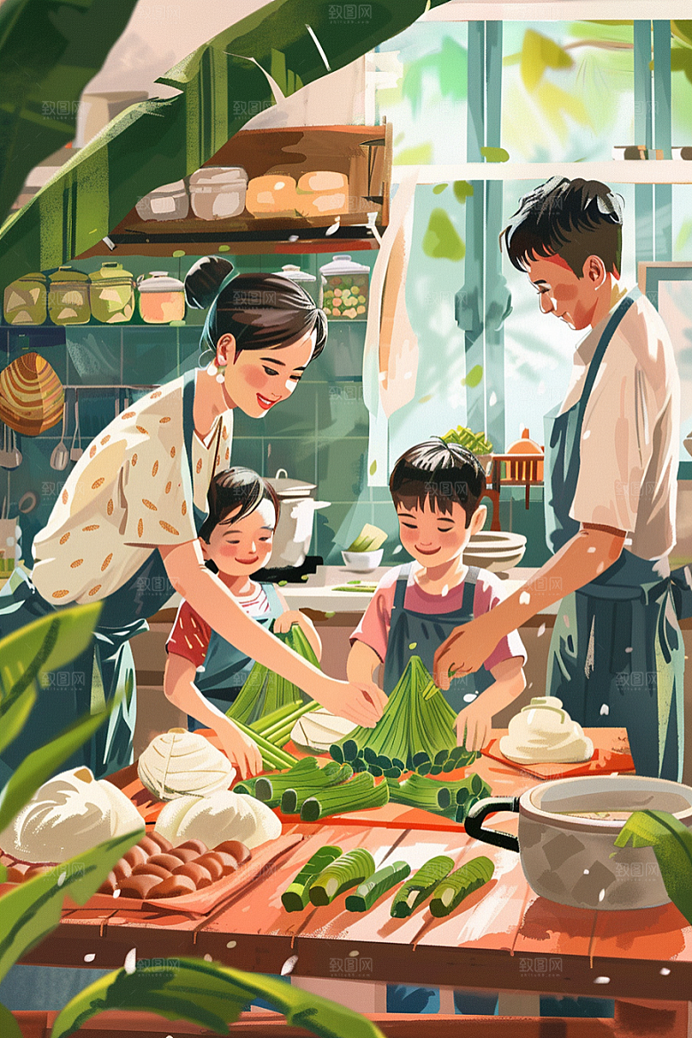 端午包粽子高清美味插画