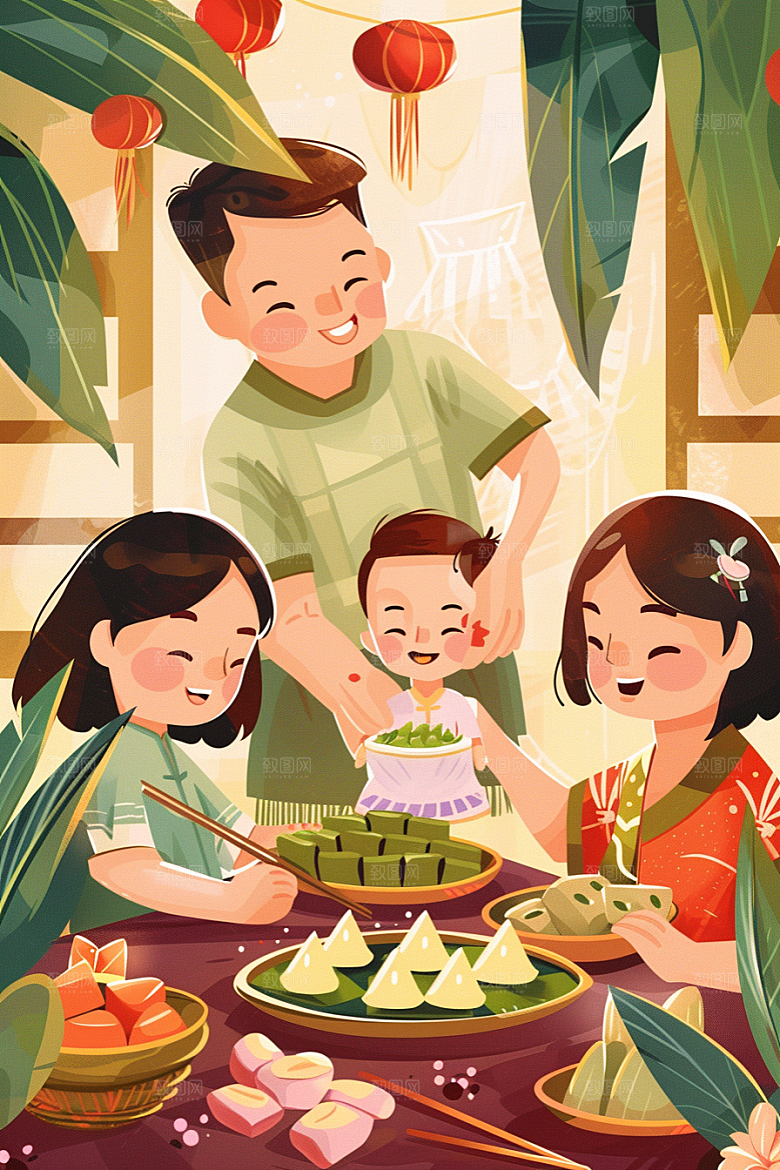 端午包粽子传统文化小吃插画