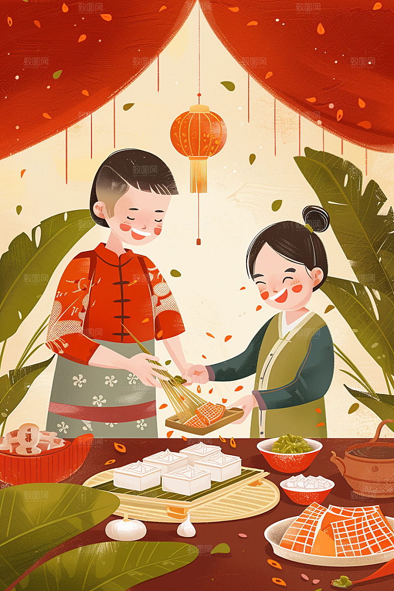 端午包粽子节日手绘插画