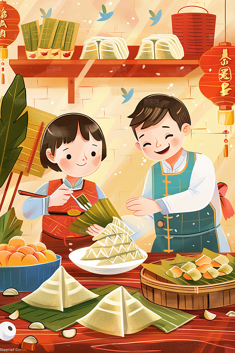 端午包粽子端午节习俗插画