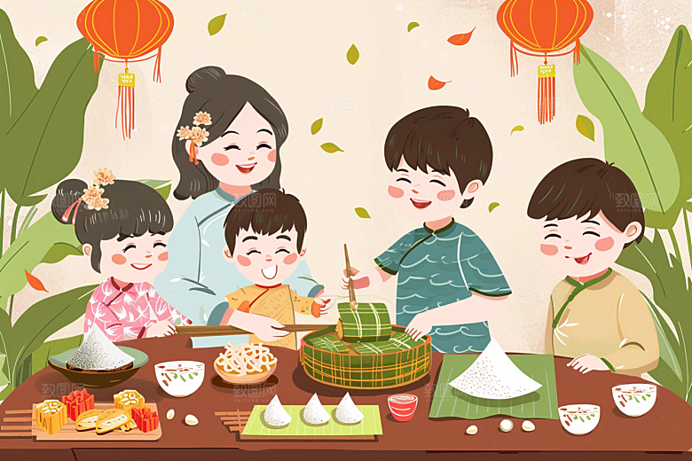 端午包粽子阖家团聚温馨插画
