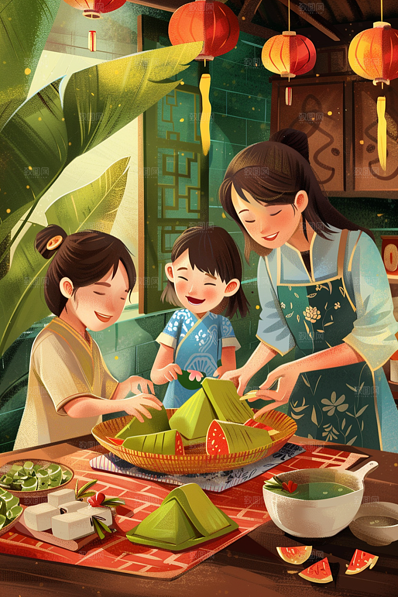 端午包粽子粽叶温馨插画