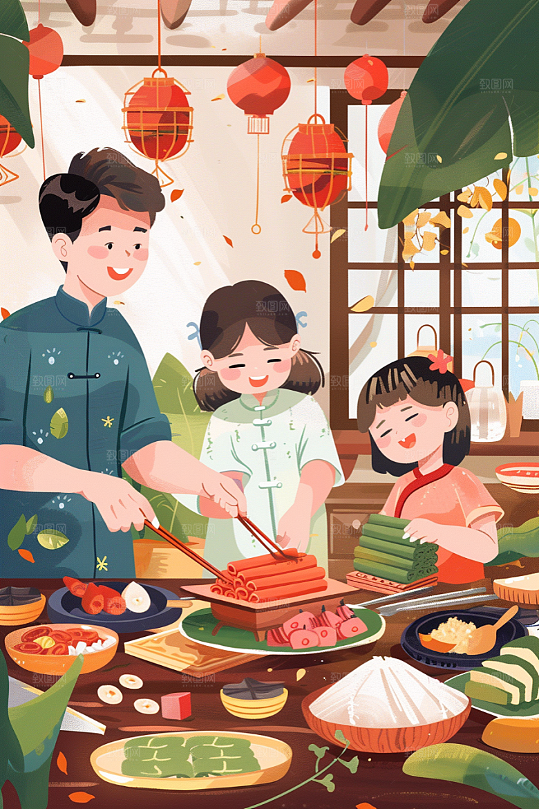 端午包粽子美味阖家团聚插画