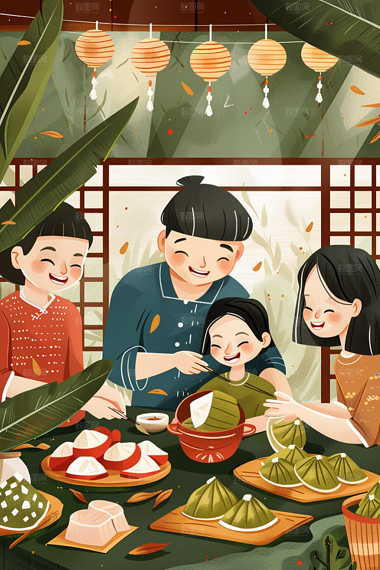 端午包粽子节日氛围习俗插画