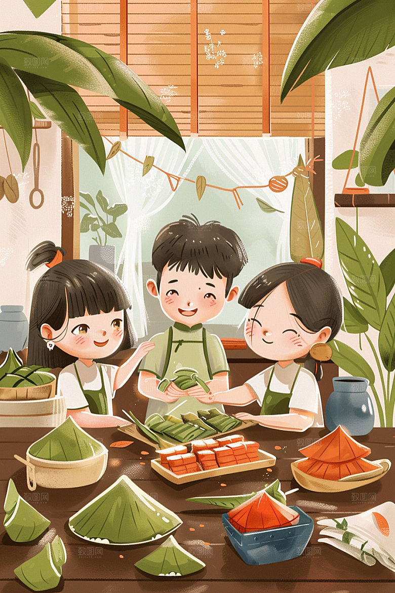 端午包粽子温馨美味插画